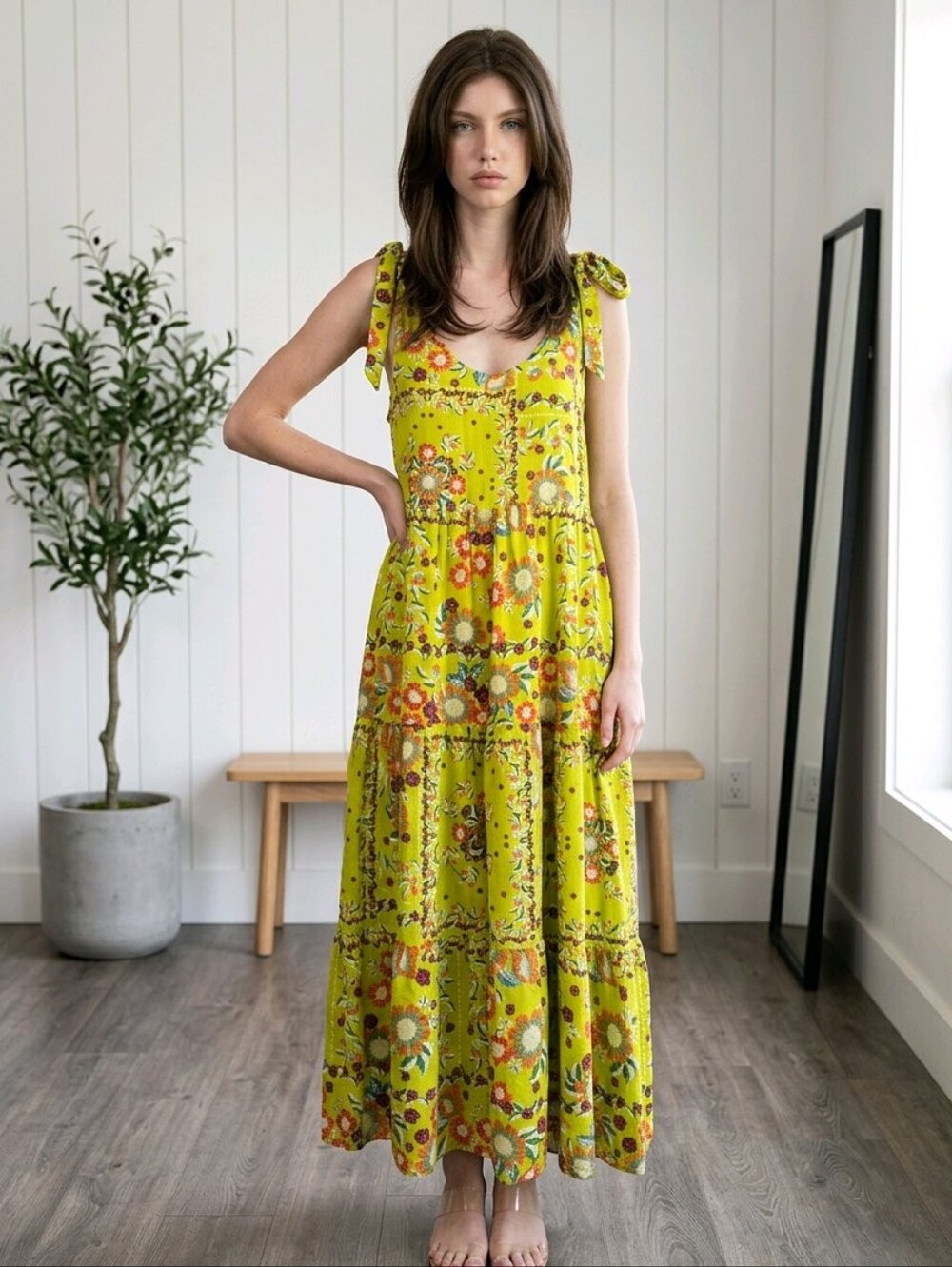 easel Lime Green Floral Tie-Shoulder Maxi Dress